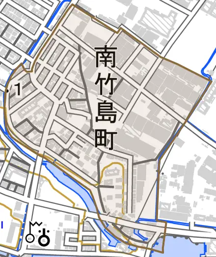 南竹島町とその周辺の地図。町の範囲を重ねている