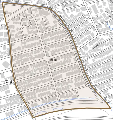 三園町とその周辺の地図。町の範囲を重ねている
