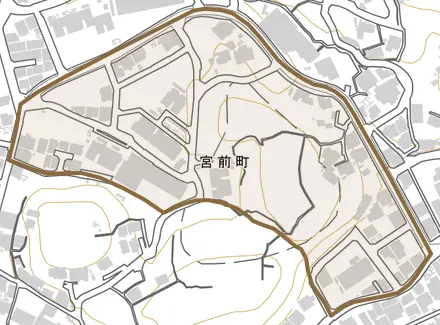 宮前町とその周辺の地図。町の範囲を重ねている