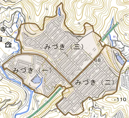みづきとその周辺の地図。町の範囲を重ねている