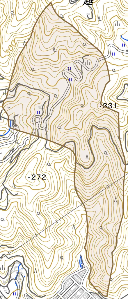 みづき山とその周辺の地図。町の範囲を重ねている