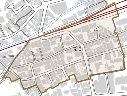 元町とその周辺の地図。町の範囲を重ねている