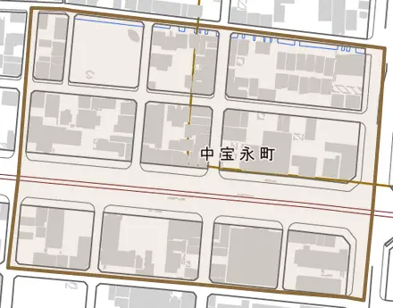 中宝永町とその周辺の地図。町の範囲を重ねている