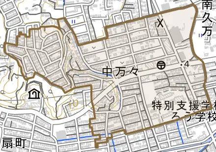 中万々とその周辺の地図。町の範囲を重ねている