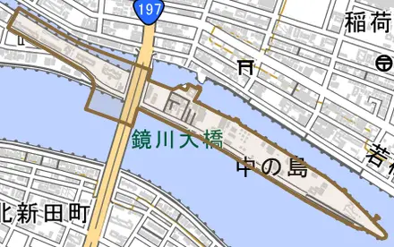 中の島とその周辺の地図。町の範囲を重ねている