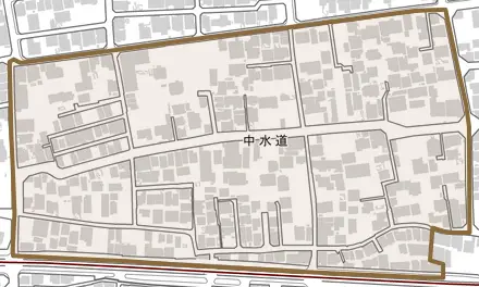 中水道とその周辺の地図。町の範囲を重ねている