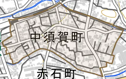 中須賀町とその周辺の地図。町の範囲を重ねている