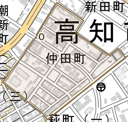 仲田町とその周辺の地図。町の範囲を重ねている