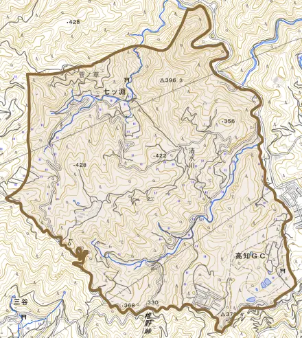 七ツ淵とその周辺の地図。町の範囲を重ねている