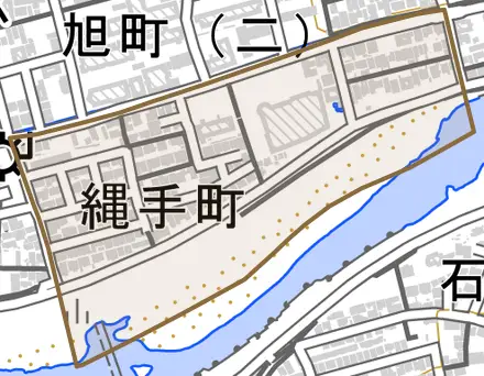 縄手町とその周辺の地図。町の範囲を重ねている