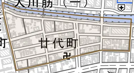 廿代町とその周辺の地図。町の範囲を重ねている
