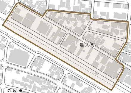 農人町とその周辺の地図。町の範囲を重ねている