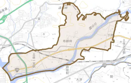 布師田とその周辺の地図。町の範囲を重ねている