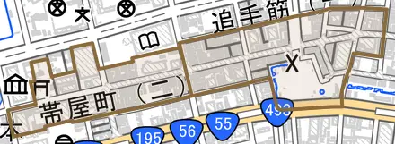帯屋町とその周辺の地図。町の範囲を重ねている