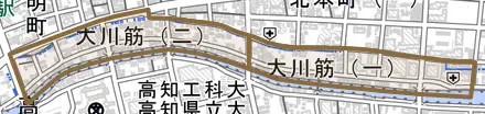 大川筋とその周辺の地図。町の範囲を重ねている