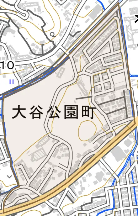 大谷公園町とその周辺の地図。町の範囲を重ねている