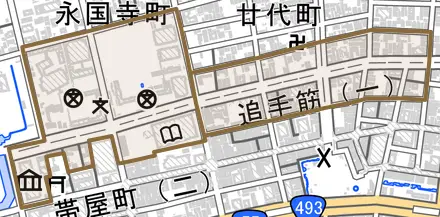 追手筋とその周辺の地図。町の範囲を重ねている