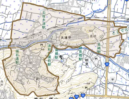 大津甲とその周辺の地図。町の範囲を重ねている