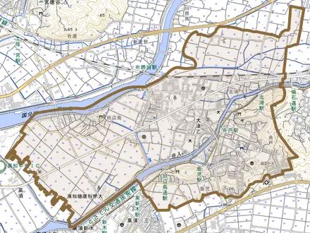 大津乙とその周辺の地図。町の範囲を重ねている