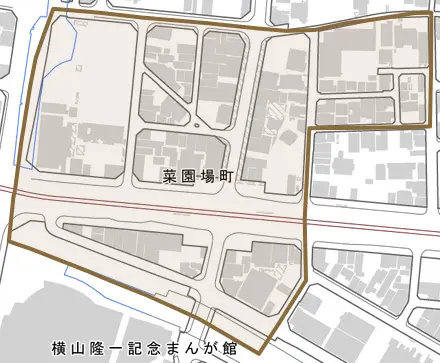 菜園場町とその周辺の地図。町の範囲を重ねている