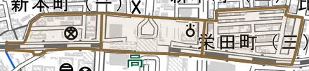 栄田町とその周辺の地図。町の範囲を重ねている
