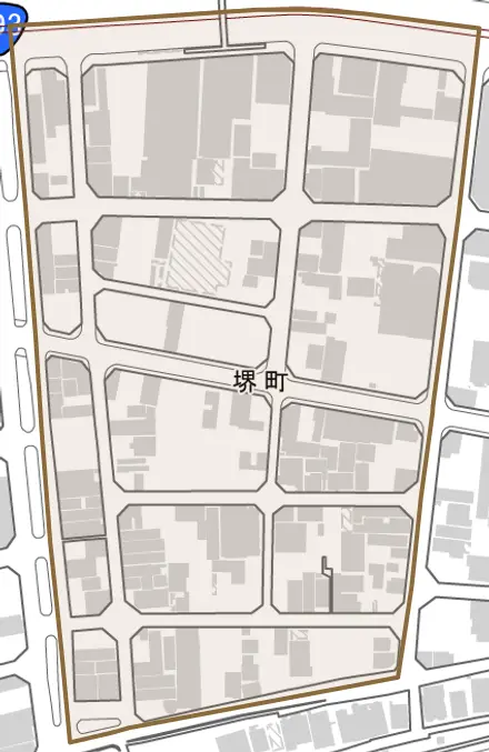 堺町とその周辺の地図。町の範囲を重ねている