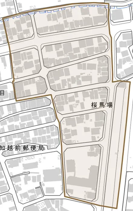桜馬場とその周辺の地図。町の範囲を重ねている