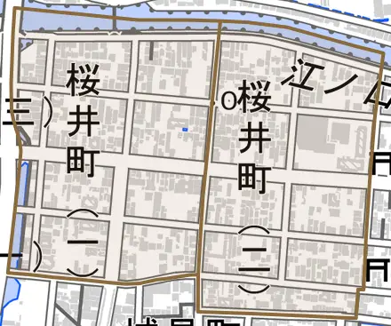 桜井町とその周辺の地図。町の範囲を重ねている