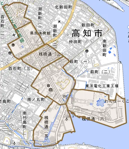 桟橋通とその周辺の地図。町の範囲を重ねている