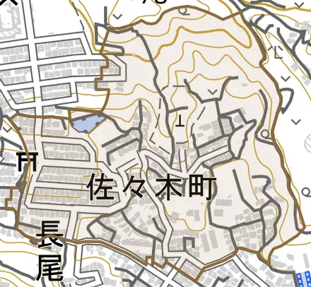 佐々木町とその周辺の地図。町の範囲を重ねている