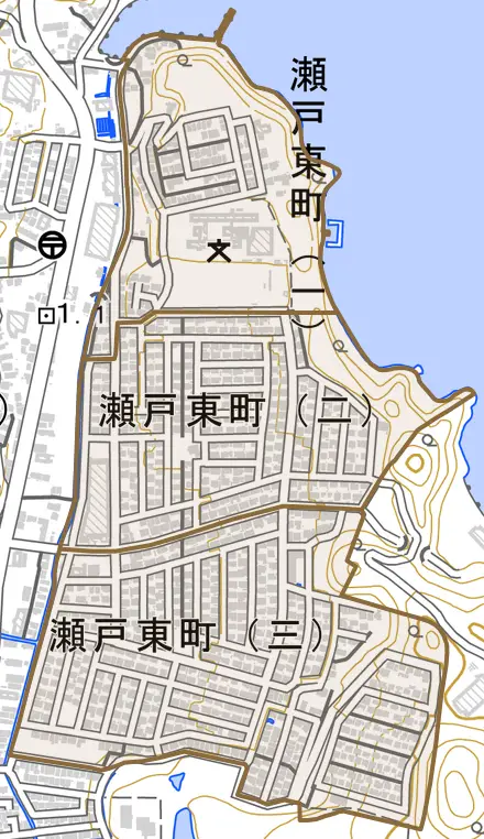 瀬戸東町とその周辺の地図。町の範囲を重ねている