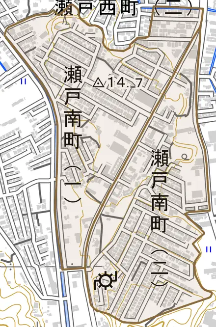 瀬戸南町とその周辺の地図。町の範囲を重ねている