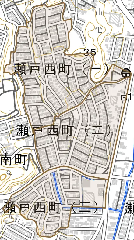 瀬戸西町とその周辺の地図。町の範囲を重ねている