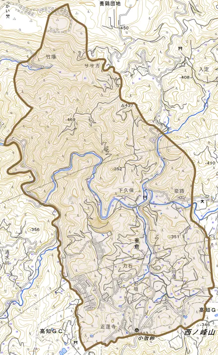 重倉とその周辺の地図。町の範囲を重ねている