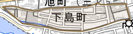 下島町とその周辺の地図。町の範囲を重ねている