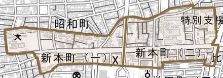 新本町とその周辺の地図。町の範囲を重ねている