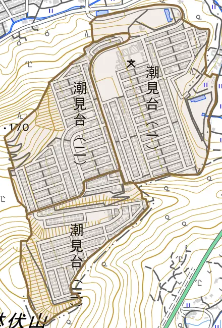 潮見台とその周辺の地図。町の範囲を重ねている