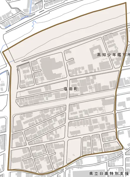 塩田町とその周辺の地図。町の範囲を重ねている