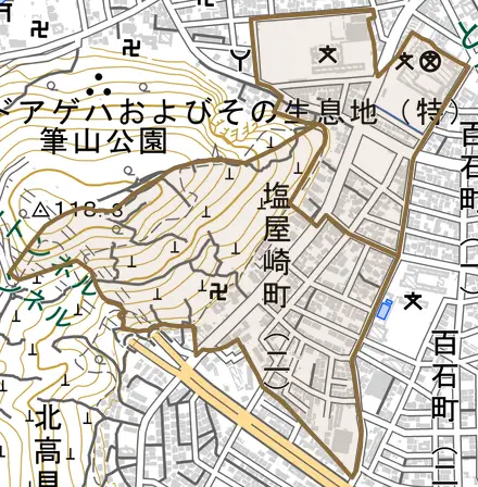 塩屋崎町とその周辺の地図。町の範囲を重ねている