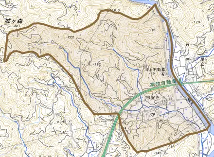 宗安寺とその周辺の地図。町の範囲を重ねている