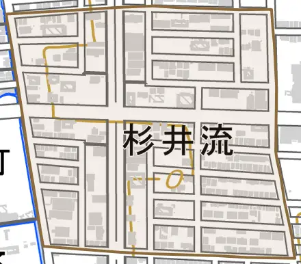 杉井流とその周辺の地図。町の範囲を重ねている