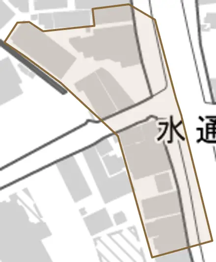 水通町とその周辺の地図。町の範囲を重ねている