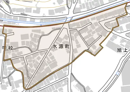 水源町とその周辺の地図。町の範囲を重ねている
