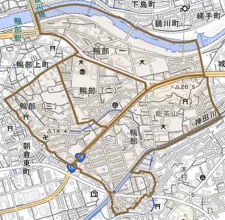 鴨部とその周辺の地図。町の範囲を重ねている