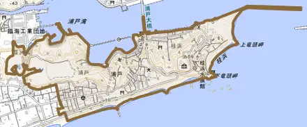 浦戸とその周辺の地図。町の範囲を重ねている