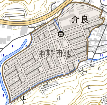 介良とその周辺の地図。町の範囲を重ねている