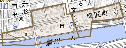 鷹匠町とその周辺の地図。町の範囲を重ねている