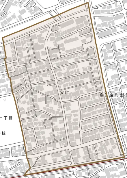 宝町とその周辺の地図。町の範囲を重ねている