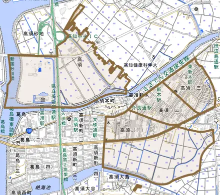 高須とその周辺の地図。町の範囲を重ねている
