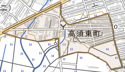 高須東町とその周辺の地図。町の範囲を重ねている